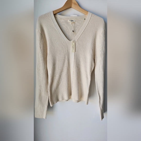 Max Studio V neck Ribbed Knit Pullover Sweater Ivory Beige size XL Fitted - Picture 3 of 7